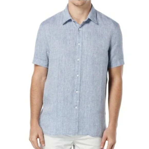 Perry Ellis 100% Linen Short Sleeve Button Up Medium Blue Collared Shirt Size L - Picture 1 of 14